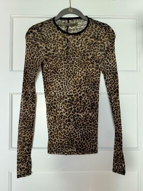 Leopard Print Sheer Mesh Long Sleeve Fitted Top Enza Costa